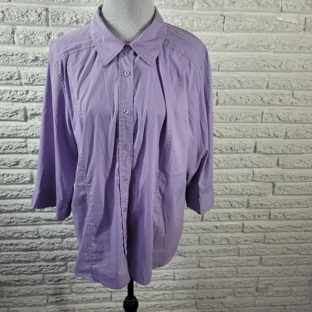 Avenue Women Top 22 24 Button Up Lavender 3/4 Sleeve Cotton Blend Collar PUR10E